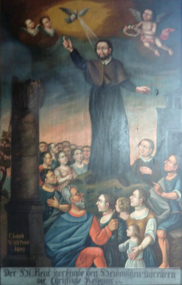 Bild: „Der Hl. Beat verkündet den heidnischen Voreltern die christliche Religion”, in der Beatus-Kapelle in Lungern