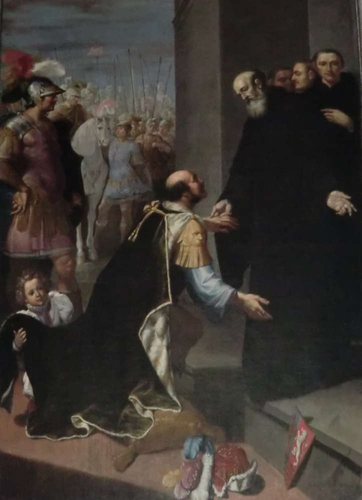 Filippo Napoletano: Gotenkönig Totila vor Benedikt, 1621, in der Basilika di San Benedotto