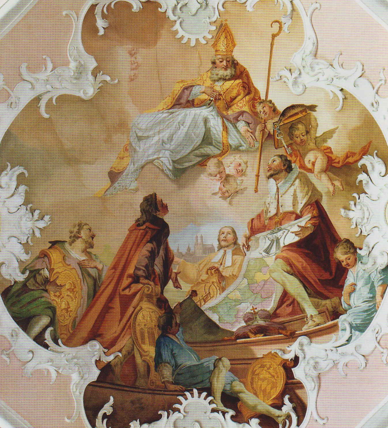 Matthäus Günther: der bayerische Kurfürst und die Stände huldigen Landespatron Benno, um 1750, Deckenfresko in der in der Stiftskirche in Rottenbuch bei Schongau