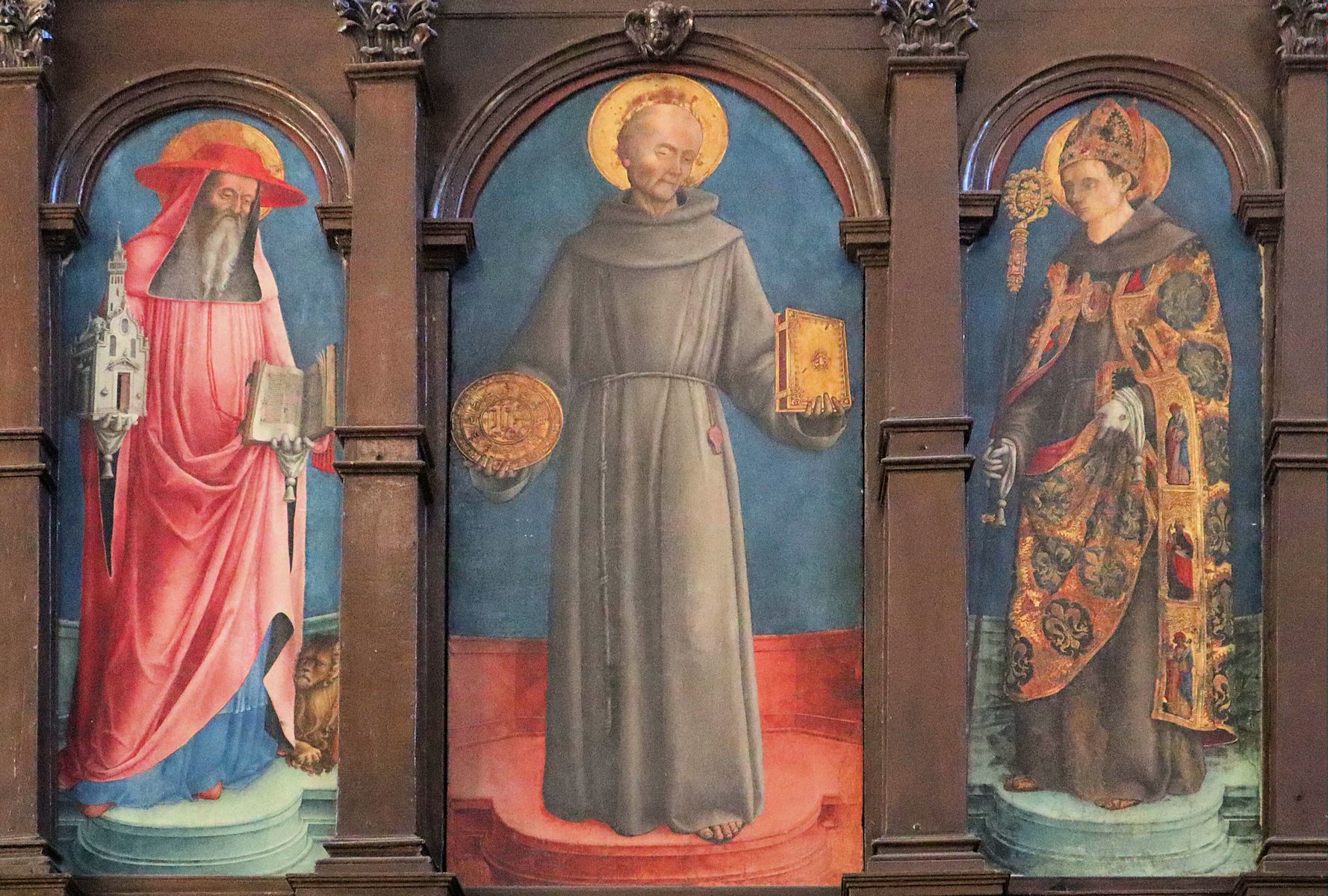 Antonio Vivarini (zugeschrieben): Bernhardin mit Hieronymus (links) und Ludwig von Toulouse (rechts), um 1468 (?), in der Kirche San Francesco della Vigna in Venedig