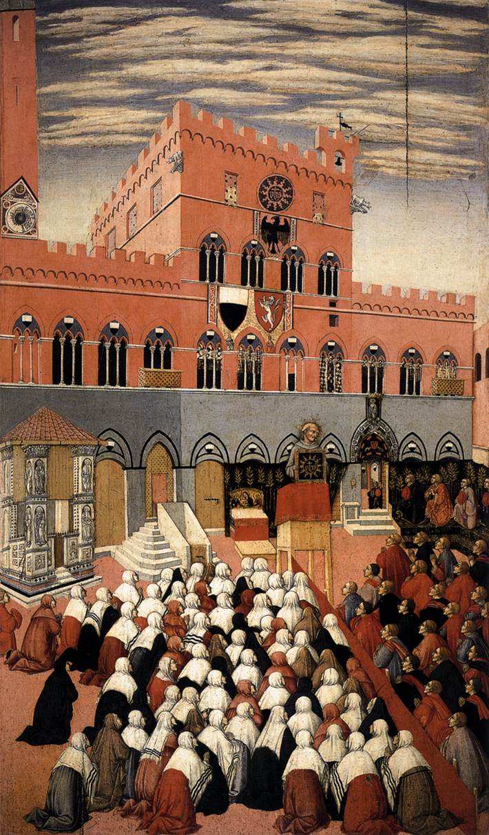 Sano di Pietro: Bernardino predigt auf dem Marktplatz in Siena, 1445, im Museo dell'Opera del Duomo in Siena