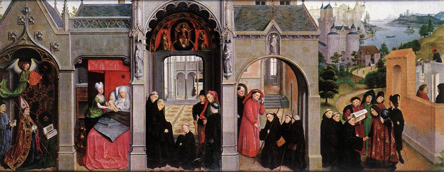 Simon Marmion: Szenen aus dem Leben von Bertin, Altar (Ausschnitt), 1459, früher im Kloster in St. Omer, heute in den Staatlichen Museen in Berlin