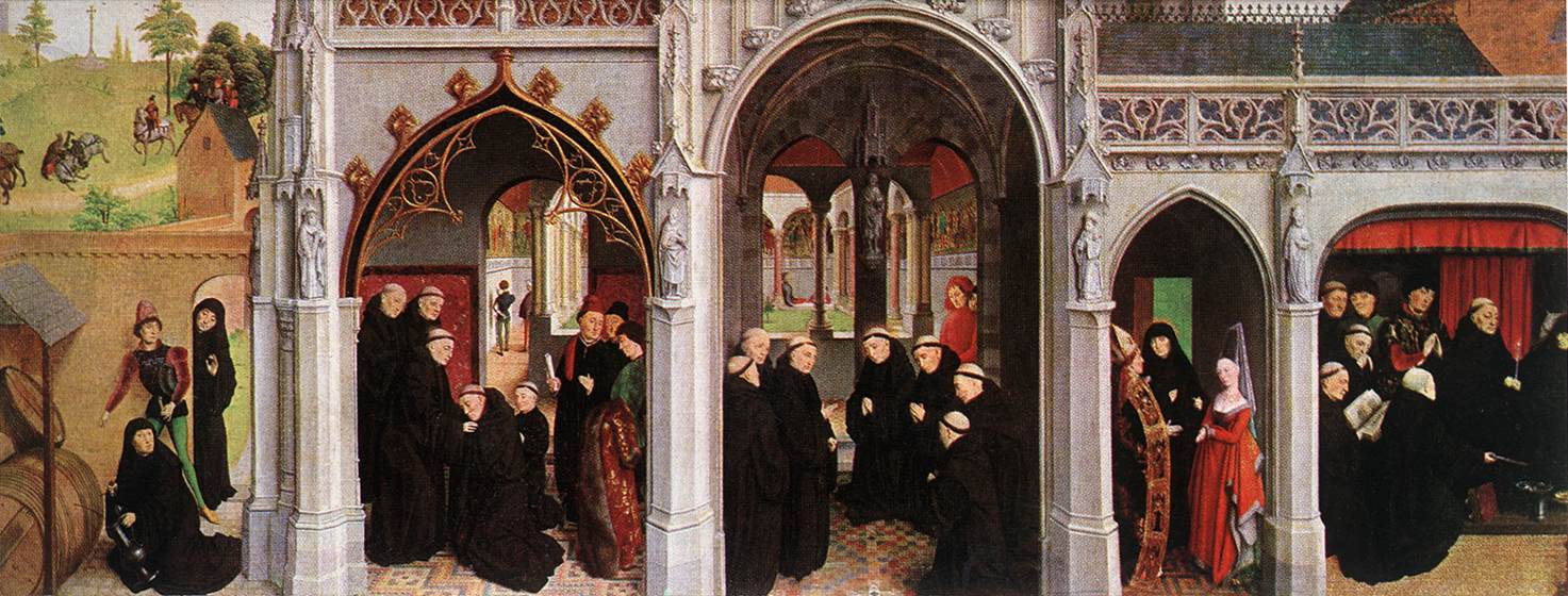 Simon Marmion: Szenen aus dem Leben von Bertin, Altar (Ausschnitt), 1459, früher im Kloster in St. Omer, heute in den Staatlichen Museen in Berlin