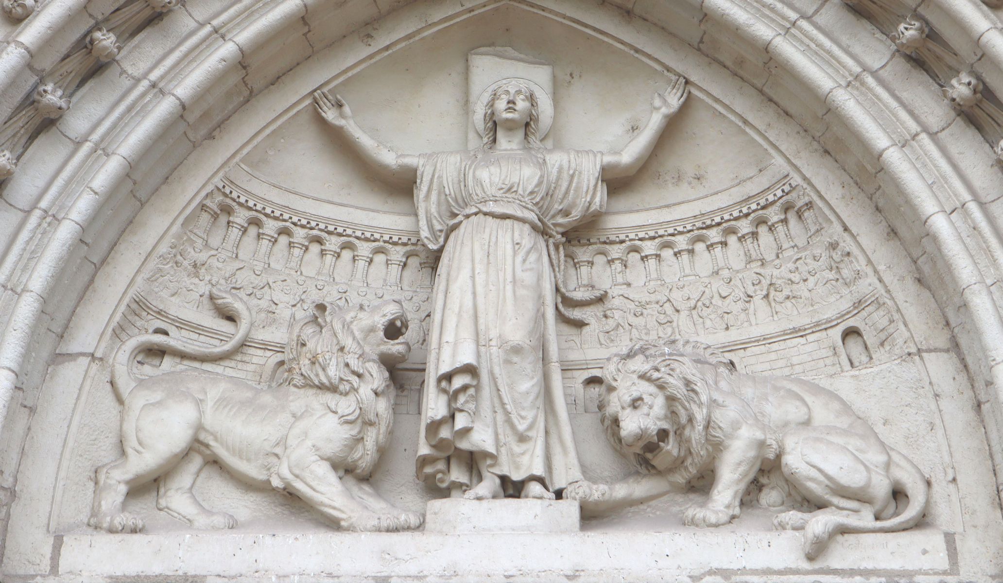 Jules Comparat: Tympanon, 1886, an der 1863 bis 1869 gebauten Kirche Sainte-Blandine im Stadtteil Perrache in Lyon