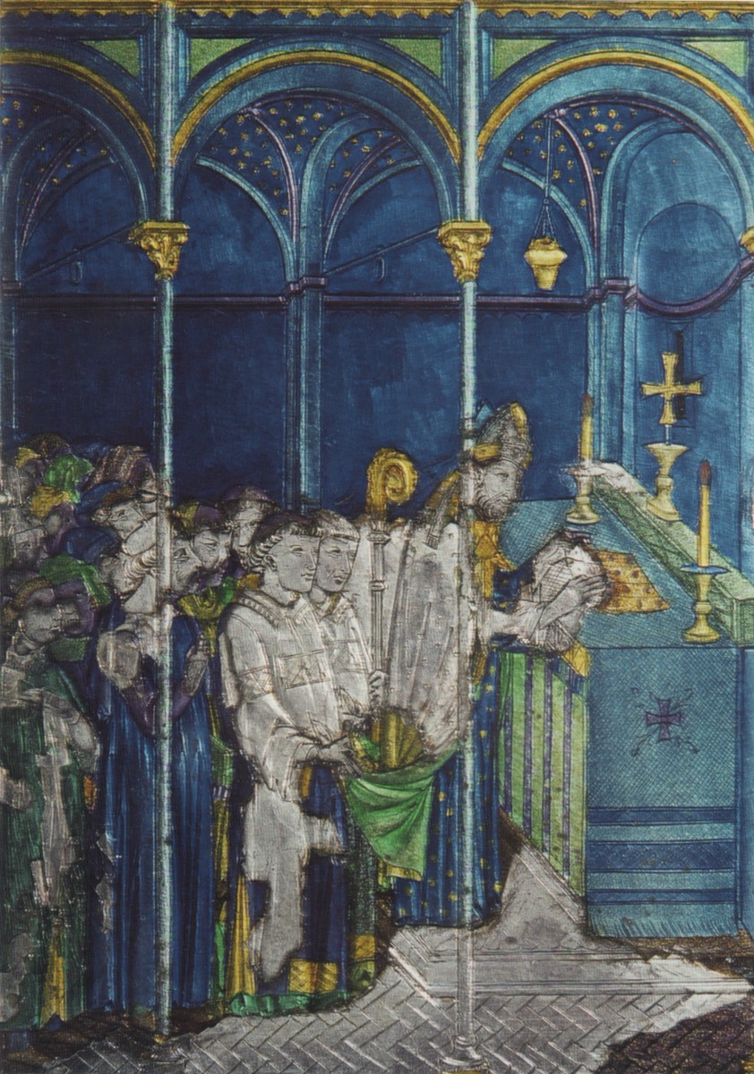 Ugolino di Vieri: Der Bischof nimmt das blutgetränkte Corporale in Empfang, emailliertes Silbertäfelchen auf dem Reliquiar für das Corporale, 1338, im Dom in Orvieto