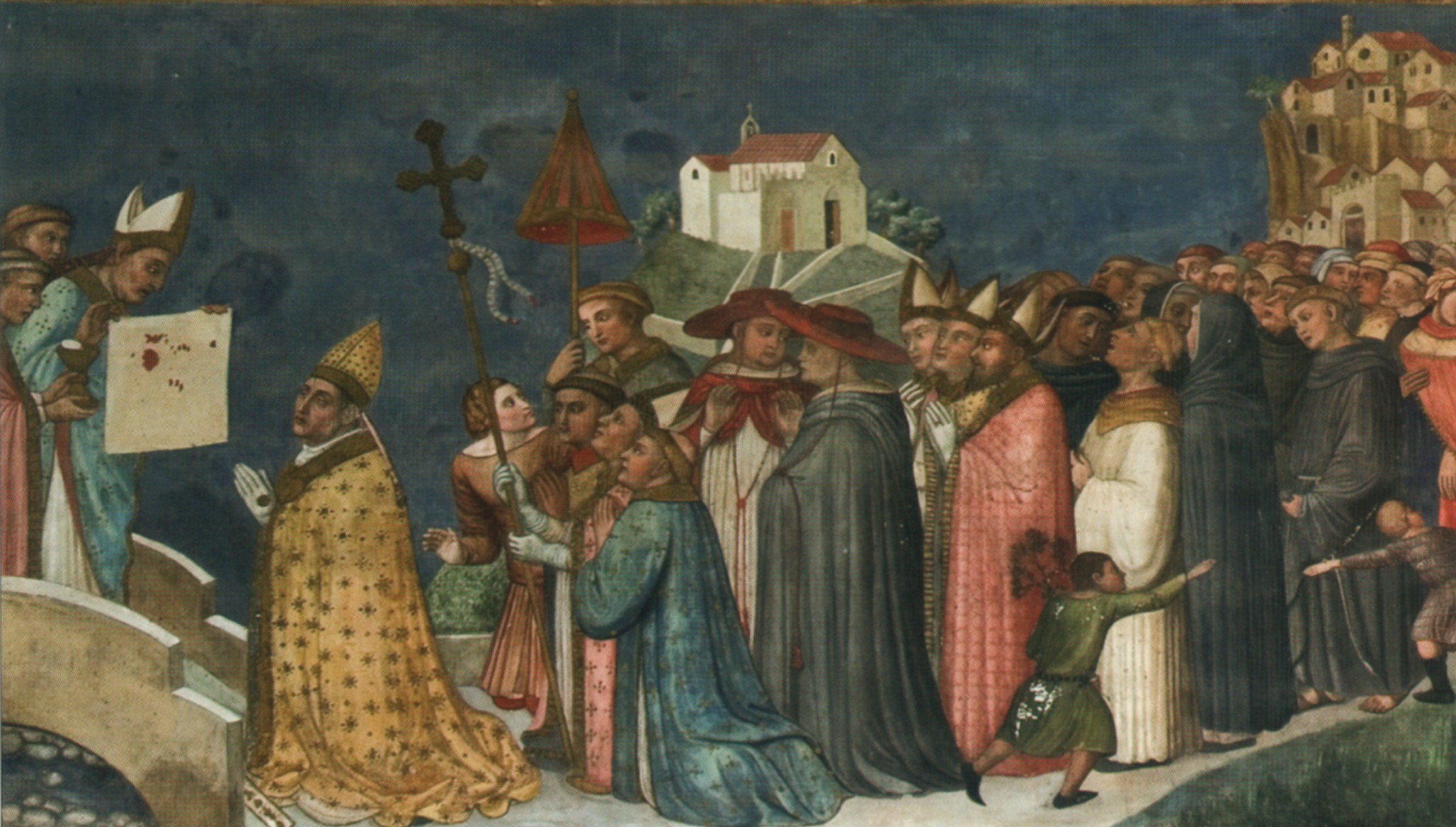 Ugolino di Prete Ilario: Papst Urban IV. mit Gefolge und das Volk von Orvieto nehmen auf der Brücke nach Orvieto das Corporale in Empfang, um 1360, in der Kapelle des Corporale im Dom in Orvieto