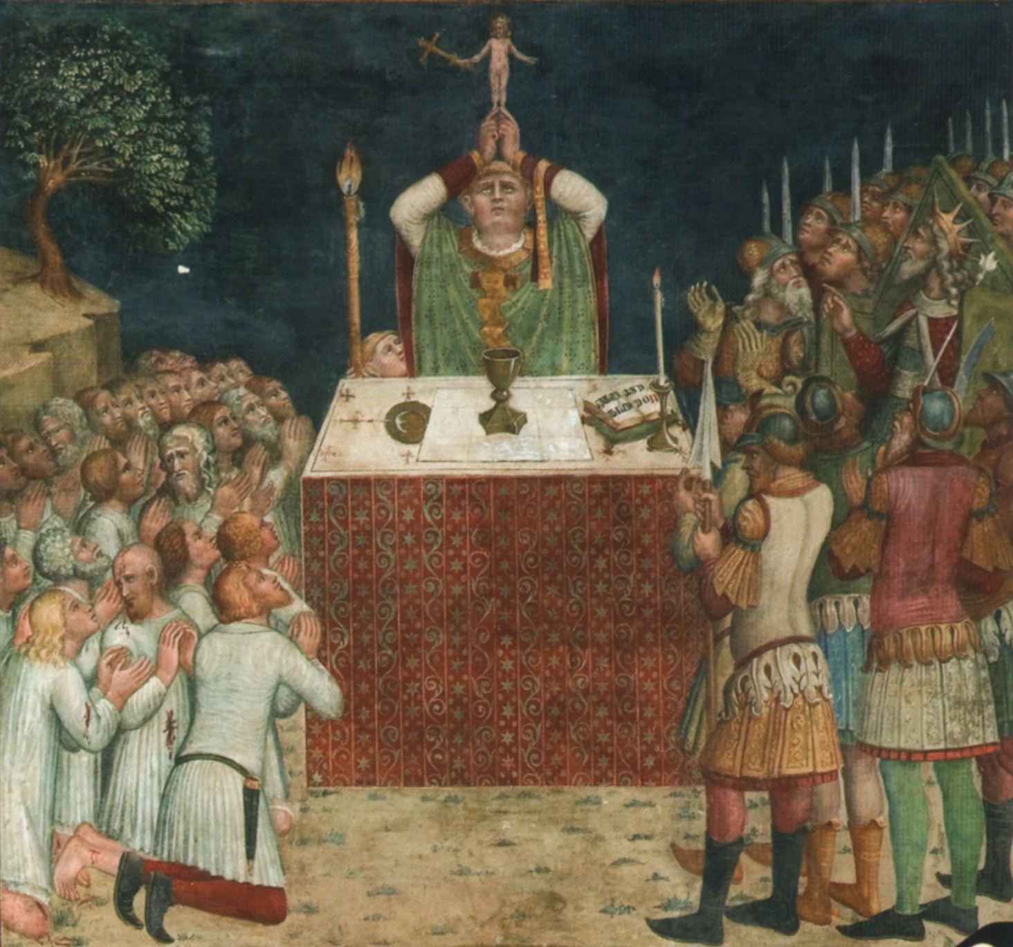 Ugolino di Prete Ilario: Papst Gregor feiert die Messe, bei der Christus aus der Oblate erscheint, um 1360, in der Kapelle des Corporale im Dom in Orvieto