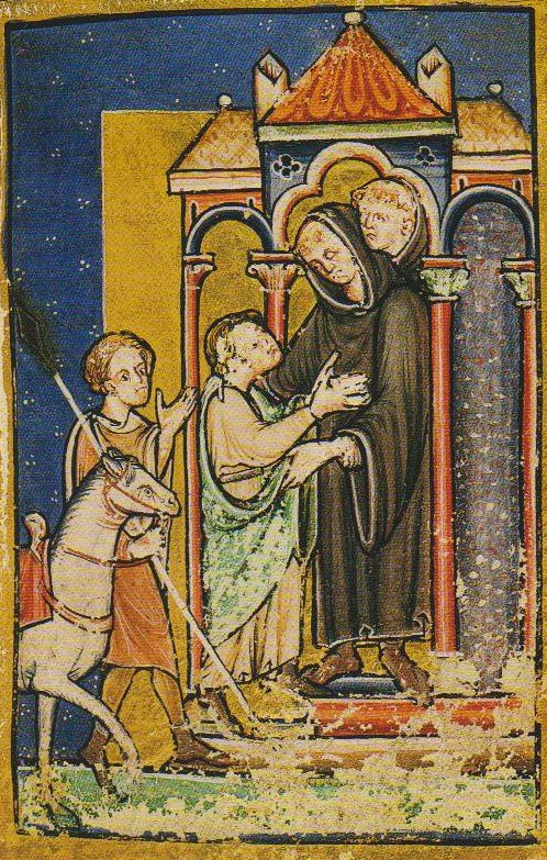 Miniatur: Boisil begrüßt Cuthbert von Lindisfarne im Kloster in Melrose, aus: Dominic Marner. St Cuthbert: His Life and Cult in Medieval Durham, 12. Jahrhundert, in der British Library in London