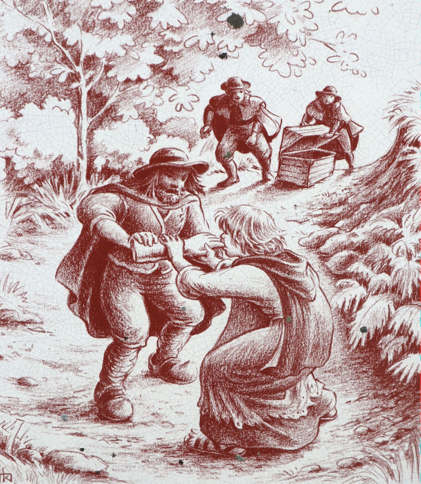 Die Rettung von Budocs Fingerreliquien Illustration auf einer Infotafe an der Kirche in Plourin