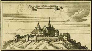 Johann Ulrich Kraus: Kupferstich des Klosters Mallersdorf, aus dem 'Churbaierischen Atlas' von Anton Wilhelm Ertl, 1687