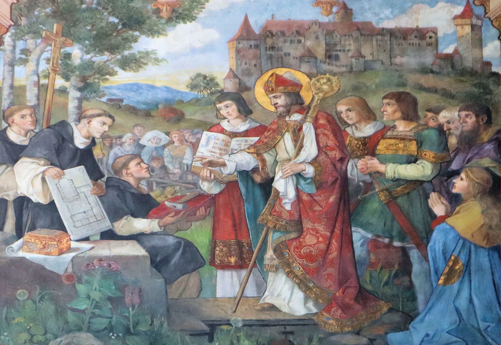 Fresko: Burkhard lässt das Andreaskloster bauen, in der Kirche St. Burkhard in Würzburg