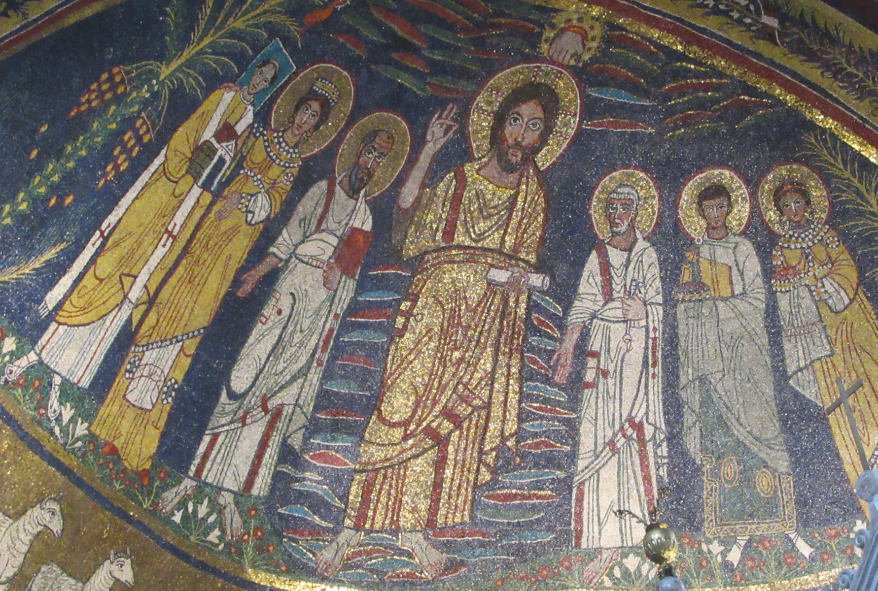 Mosaik: Jesus Christus mit (von links) Papst Paschalis I., Cäcilia, Paulus, Petrus, Valerianus und Agatha von Catania, um 820, in der Basilika Santa Cecilia in Trastevere in Rom