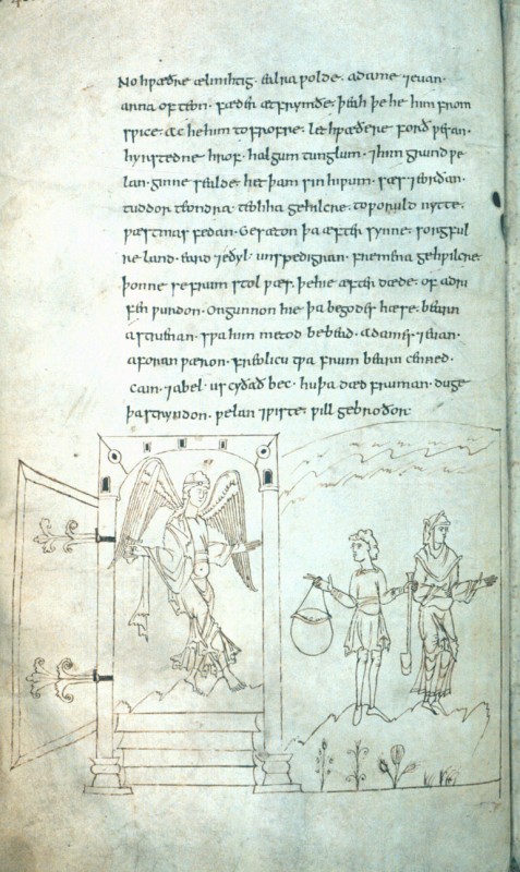 Aus dem „Caedmon Manuscript” mit angelsächsischer Bibel-Poesie: ein Engel bewacht das Paradies, spätes 10. oder frühes 11. Jahrhundert, in der Bodleian Library der Universität in Oxford