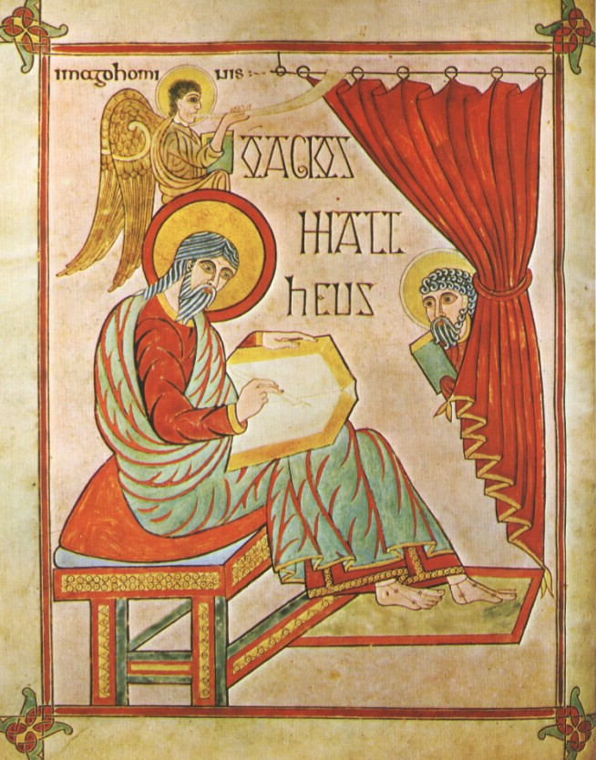 Caedmon schreibt, Christus (rechts) diktiert