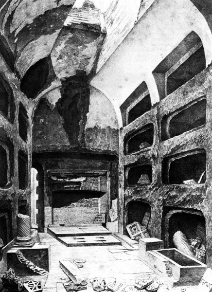 Krypta der Päpste in den Callistus-Katakomben, 3./4. Jahrhundert. Abbildung aus Gian Battista Rossi: Roma sotterranea cristiana, Band 2, 1867