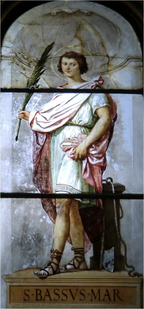 Glasfenster: Bassus als Märtyrer, in der Kathedrale San Catervo in Tolentino