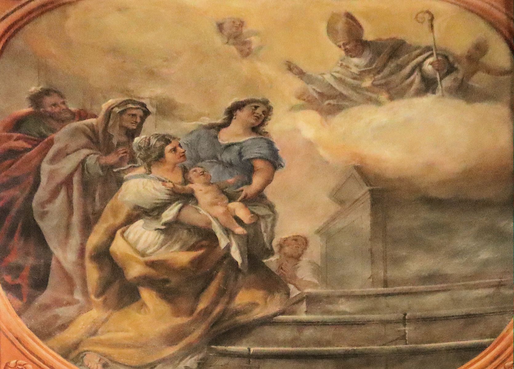 Paolo De Matteis: Cataldus erweckt ein totes Kind zum Leben, Fresko, 1713, in der Kathedrale in Tarent