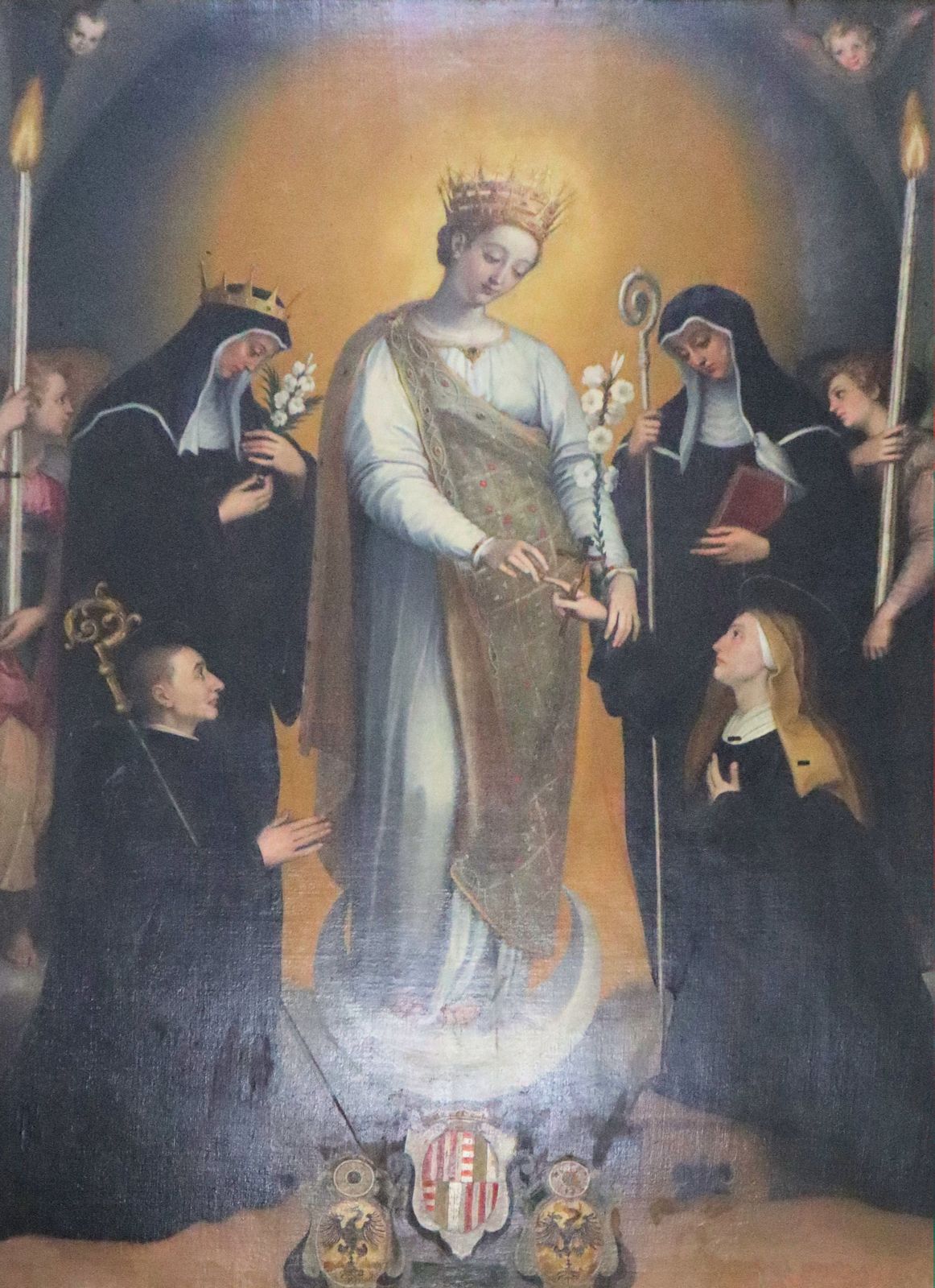 Marcello di Piacenza: Maria< steckt Chelidonia den Ring der mystischen Vermählung mit Christus an, Altarbild, 1577, in der Kathedrale Santa Scolastica bei Subiaco