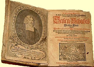 Christian Scriver: Seelen-Schatzes Vierdter Theil, Darinn von der gläubigen Seelen mannigfältigen Creutz, Trübsal, Sorgen und Anfechtungen … Wittigau und Fleischer, Leipzig, Magdeburg, Helmstedt 1691 mit Bild des Verfassers