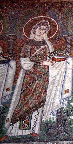Mosaik, Detail aus der Prozession der Jungfrauen, um 560, in der in der Basilika Sant'Apollinare Nuovo in Ravenna