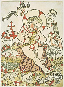 kolorierter Holzschnitt: Christkind mit Neujahrswünschen, aus der Gegend um Köln/Trier, um 1465, in der Staatlichen Graphischen Sammlung in München