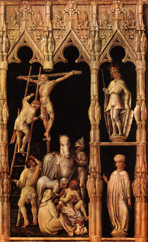 Meister der Tegernseer Passion: Altar (Ausschnitt) mit Dismas am Kreuz (links), Chrysogonus (oben) und Castorius (unten), 1440 - 45, in der Alten Pinakothek in München