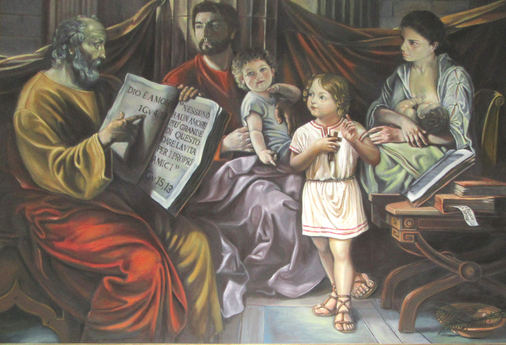 Riccardo la Spina: Alphius, Philadelphius und Cyrinus mit ihren Eltern Vitalius und Benedikta und ihrem Lehrer Onesimus, 2005, im Santuario in Trecastagni