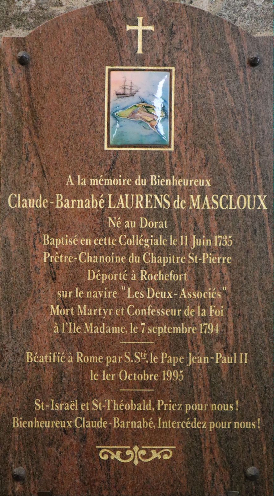 Gedenktafel in der Kirche Saint-Pierre-ès-Liens in Le Dorat
