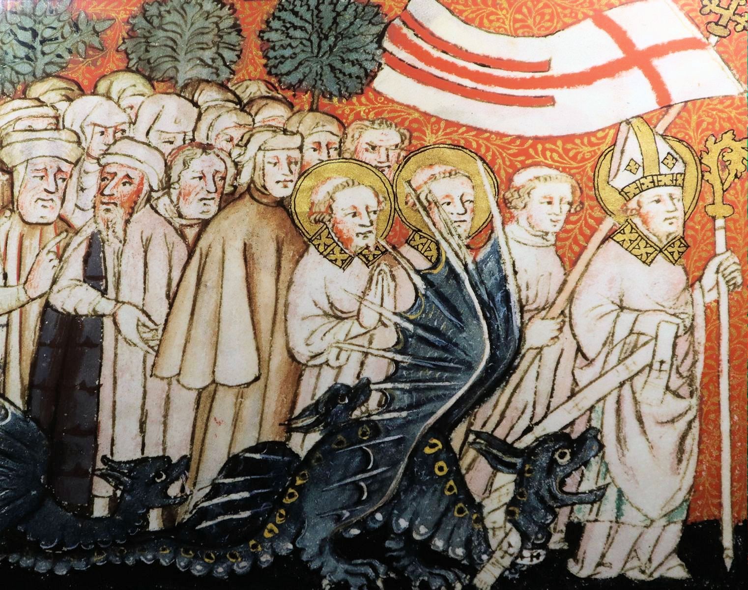 Buchmalerei: Clemens als Drachenbändiger, aus: Clemens' Lebensgeschichte, um 1380, in der Bibliothèque de l'Arsenal in Paris