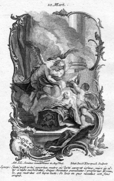 Jakob Ebersbach und Johann Wolfgang Baumgartner: Der Säugling Kodratos wird von der Wolke ernährt und von Engeln beschützt, Kupferstich, 1750 in Augsburg