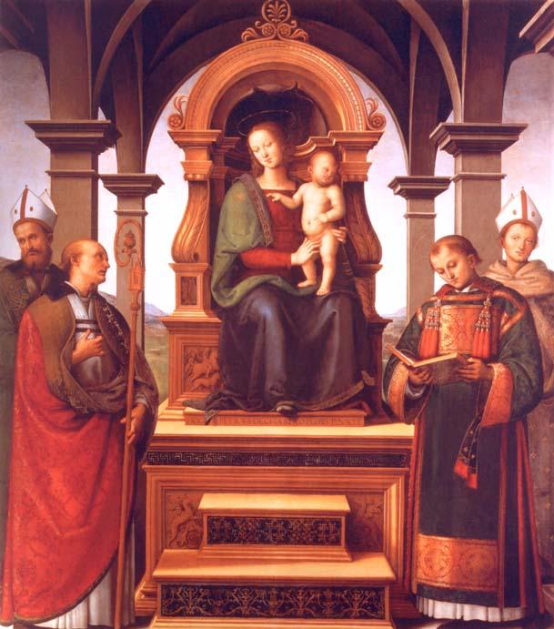Pietro Perugino: Maria mit Ludwig von Toulouse (links vorne), Laurentius von Rom (rechts vorne), Herculanus von Perugia (links hinten) und Constantius, 1497, in der Pinakothek in den Vatikanischen Museen in Rom