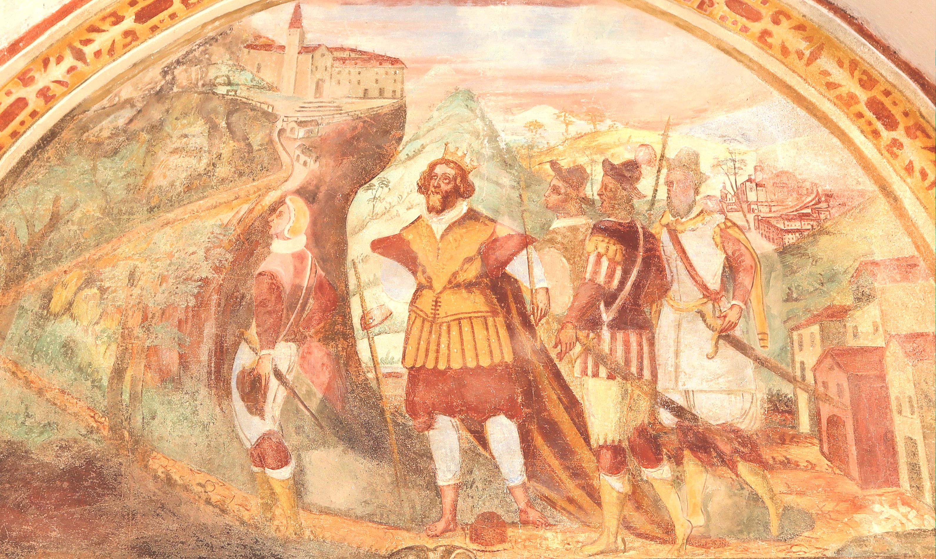 Der römisch-deutsche König Sigismund besucht - aus Demut barfuß - 1411 das Sanktuarium Vittore e Corona, Fresko, 16. Jahrhundert, im Kreuzgang des Sanktuariums