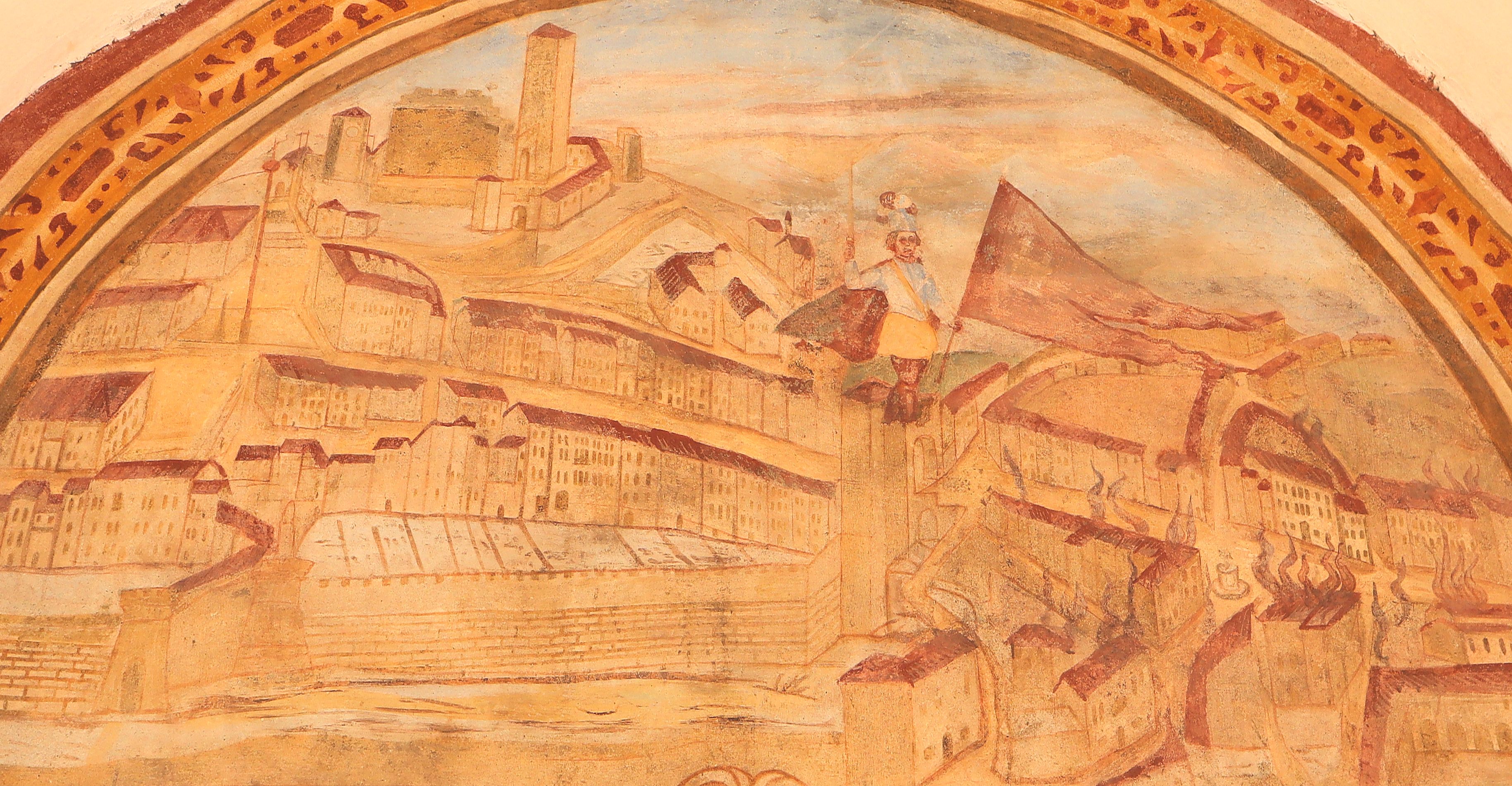 Die Heiligen stoppen 1473 das in Feltre ausgebrochene Feuer, Fresko, 16. Jahrhundert, im Kreuzgang des Sanktuariums