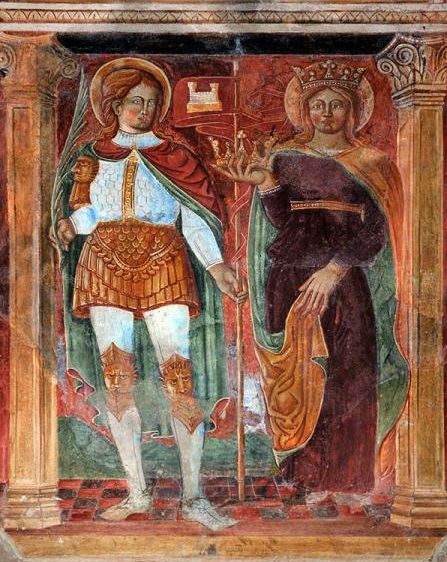 Fresko: Victor und Corona, in der Kirche Santi Vittore und Corona in Feltre in Italien