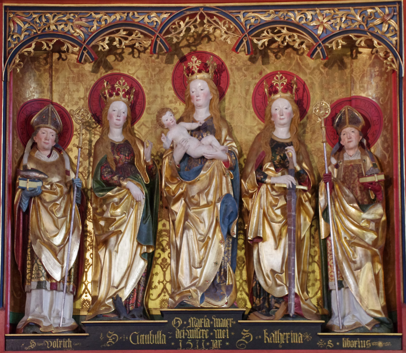 Niklaus Weckmann: Ulrich von Augsburg, Cutubilla, Maria, Katharina von Alexandria und Liborius von Le Mans (von links), 1511, Mittelteil des Hochalters in der Kapelle des früheren Klosters in Adelberg