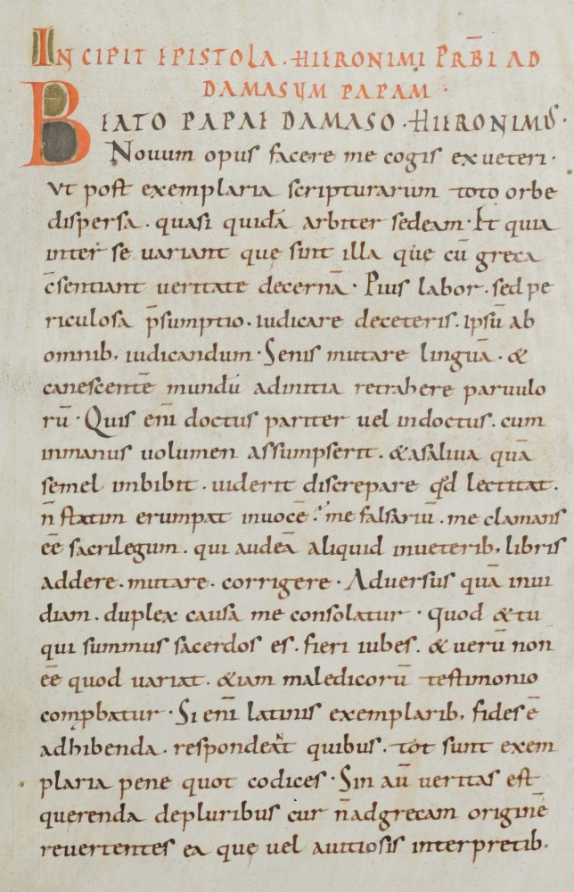 Buchseite „Epistola ad Damasum papam”, „Widmung für Papst Damasus”, aus einer Evangelienhandschrift mit Hieronymus-Kommentaren, vor 950 im Kloster St. Gallen geschrieben, in der Stiftsbibliothek in St. Gallen