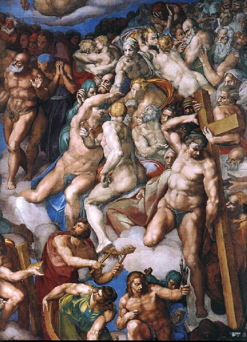 Michelangelo: Dismas (oder == Simon von Cyrene?) mit dem Kreuz, Ausschnitt aus dem „Jüngsten Gericht”, Fresko, 1537 - 1541, in der Sixtinischen Kapelle in Rom