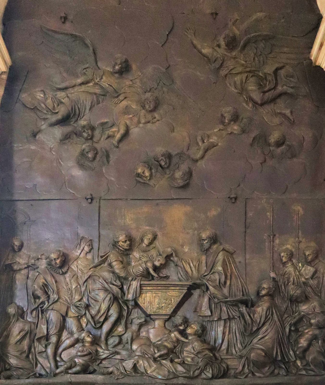 Giuseppe Mazza e Giambattista Alberghett: Dominikus tauft die Häretiker, Bronzerelief, 1722, in der Kirche Santi Giovanni e Paolo in Venedig