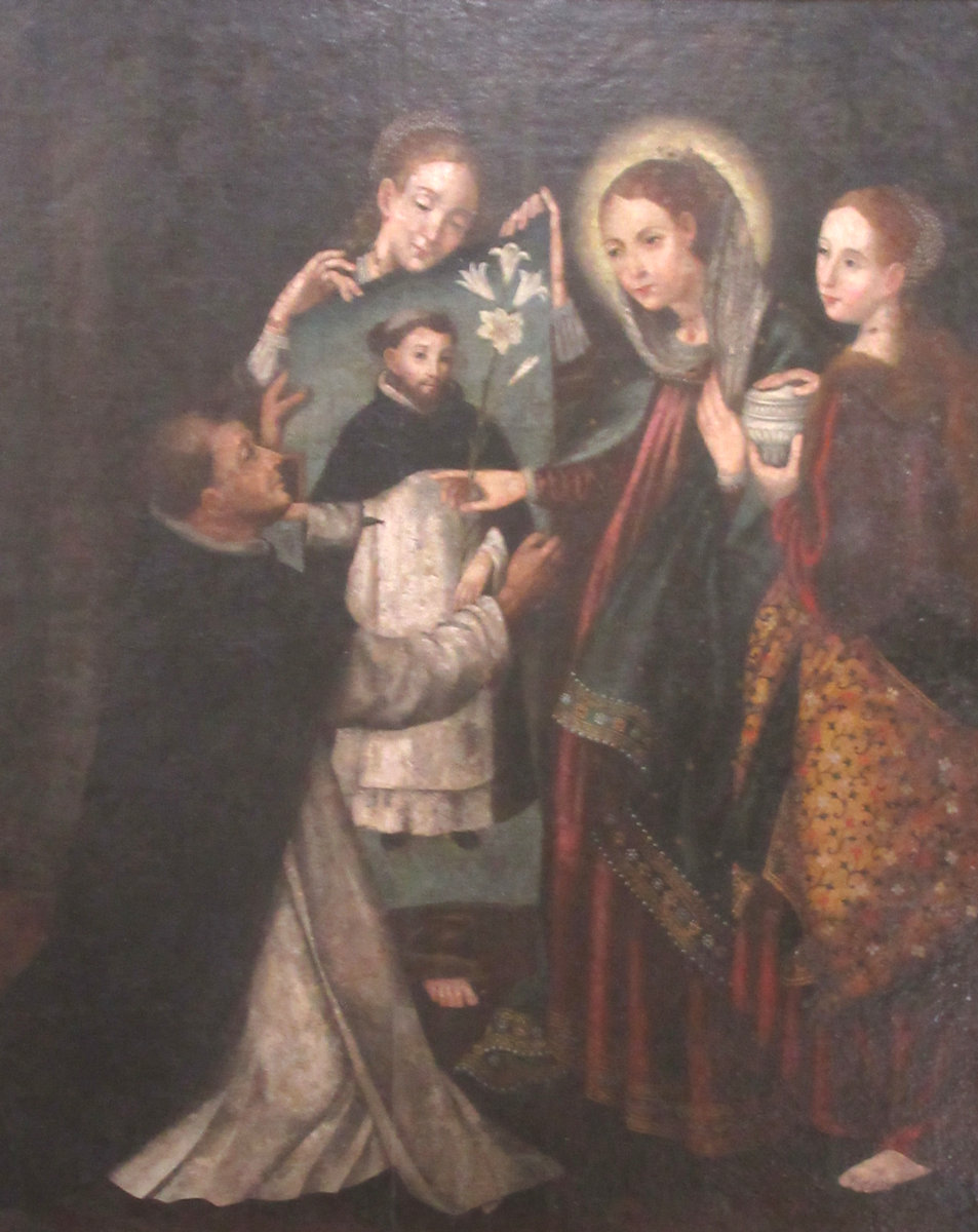 Katharina von Alexandria, Maria und Maria Magdalena überreichen Fra Lorenzo das „Bild des Dominikus”, in der Klosterkirche in Dominkus' Geburtsort Caleruega