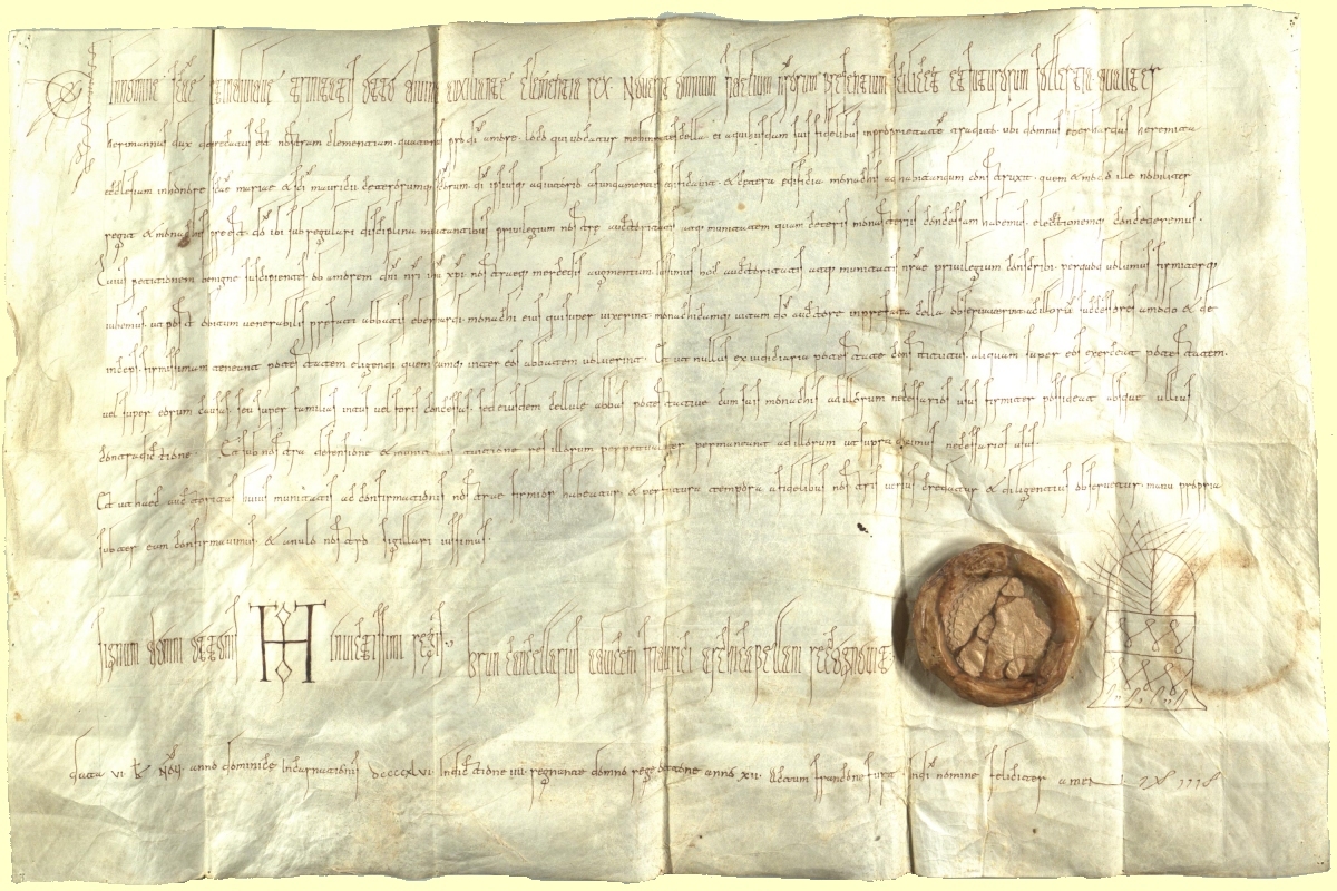 Urkunde: König Otto I. verleiht dem Kloster „Meinradszell”, das Recht freier Wahl des Abtes und Immunität, 947, im Archiv des Klosters Einsiedeln