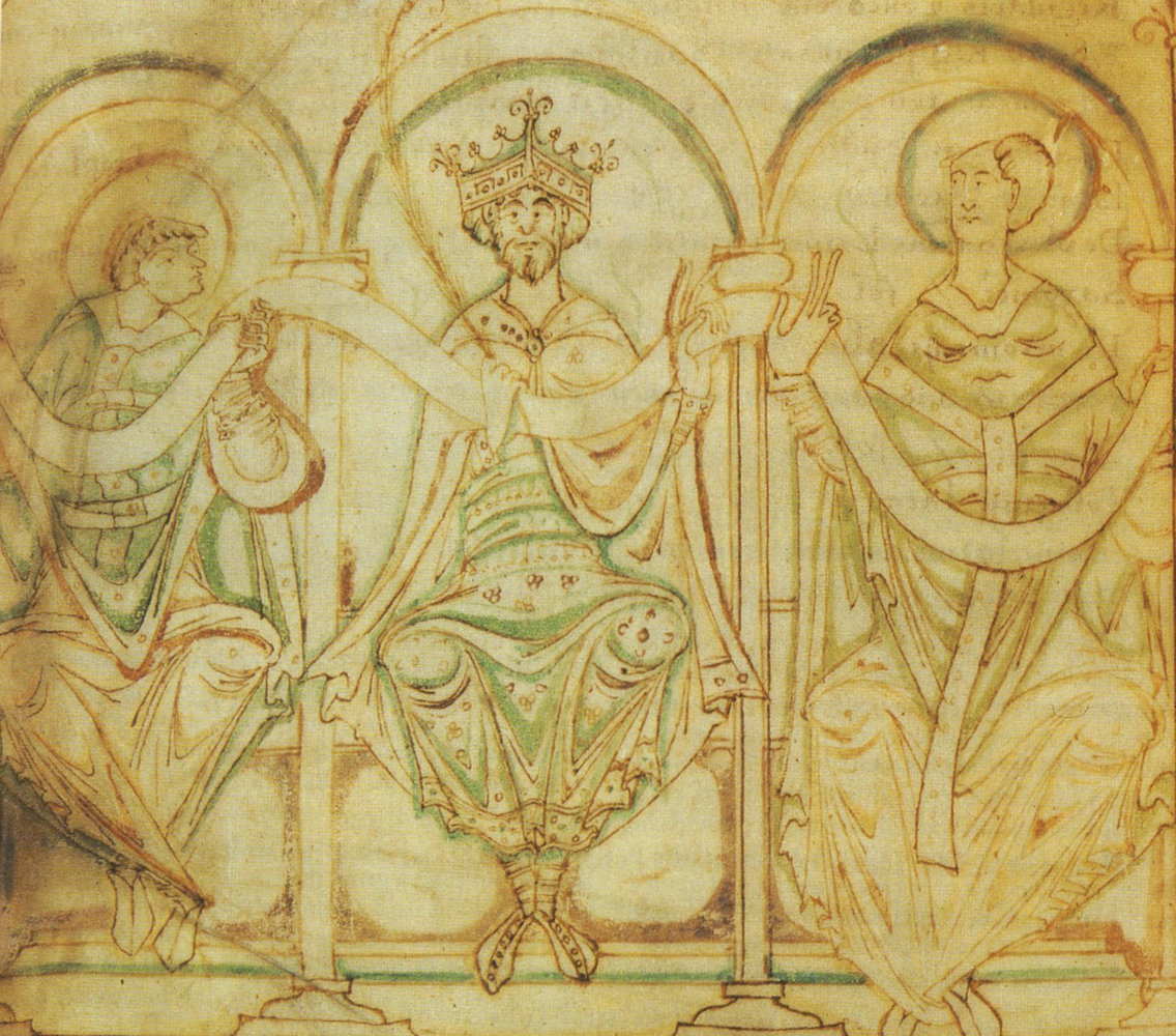 Buchmalerei: Edgar mit Æthelwold von Winchester und Dunstan von Canterbury, 11. Jahrhundert, in der British Library in London