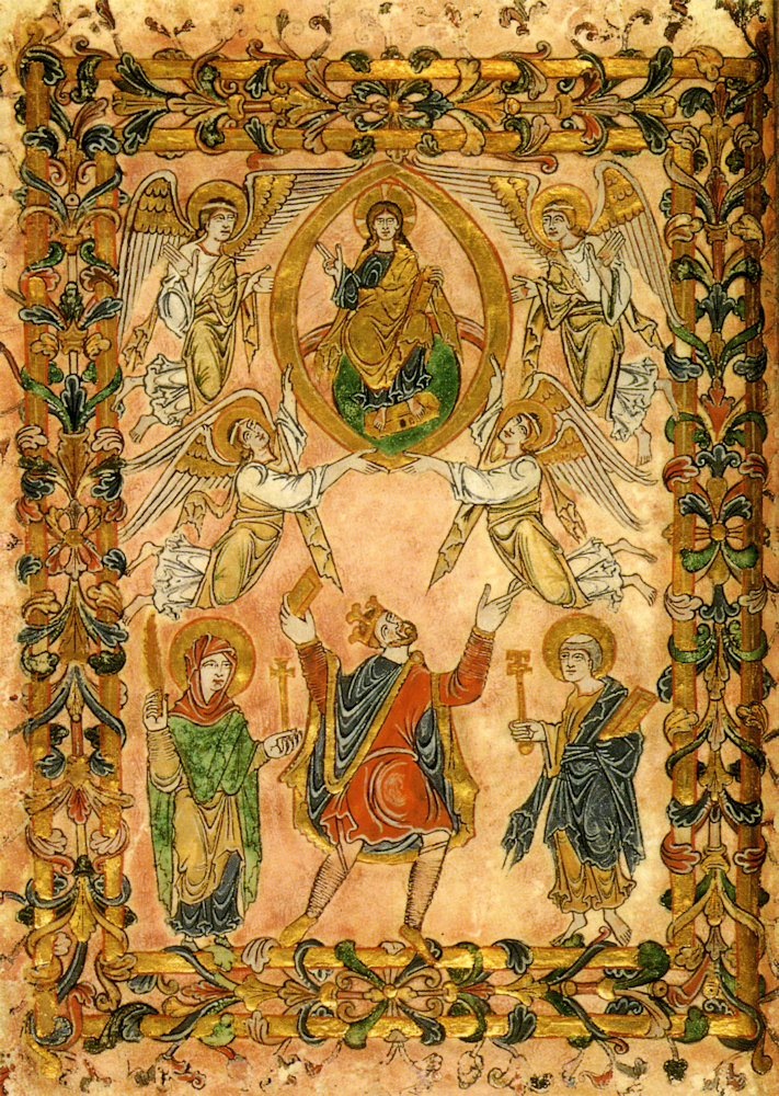 Deckblatt von Edgars Prunkurkunde für das Neue Kloster in Winchester: Edgar vor Christus, neben Maria und Petrus, 966, in der British Library in London - eines der eindrucksvollsten Dokumente des christozentrischen Königtums im früheren Mittelalter