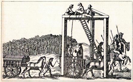 Galgen in Tyburn, benützt vom 16. Jahrhundert bis 1759, geeignet zur gleichzeitigen Hinrichtung von bis zu neun Menschen, Illustration wohl um 1680, im Nationalarchiv in London