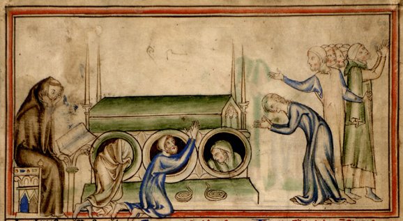 Kranke suchen an Edwards Grab Heilung. Buchmalerei aus dem „Leben von Edward, dem Bekenner”, verfasst um 1240, illustriert um 1255, in der Bücherei der Universität Cambridge