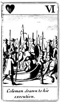 Francis Barlow: Coleman wird zur Hinrichtung gebracht, Spielkarte, um 1679, aus: F. Jefferies: The Gentleman's Magazine, London, 1849