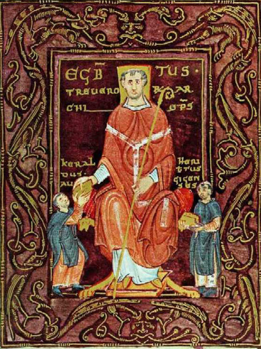 Buchmalerei: Egbert empfängt den heute nach ihm benannten Codex aus den Händen von Mönchen des Klosters Reichenau