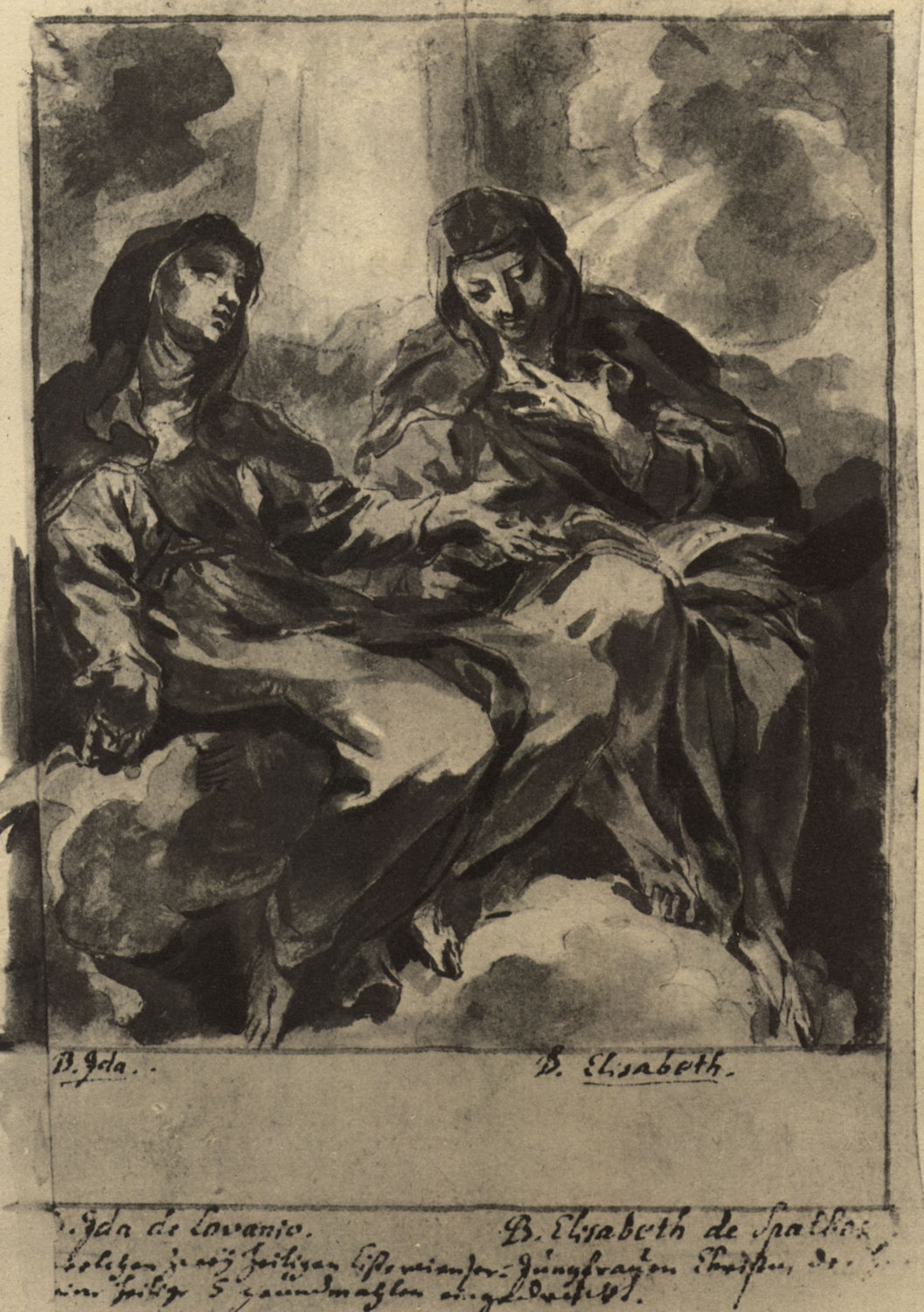 Lika von Rottenwald und Johann Christoph: Ida von Löwen (links) und Elisabeth, Federzeichnung für „Cistercium Bistertium”, 1708, in der Städtischen Kunstsammlung in Augsburg