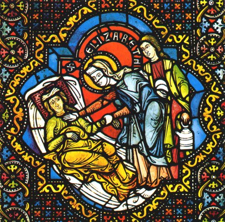 Glasfenster Elisabeth bei einer Kranken, vor 1250, in der Elisabethen-Kirche in Marburg, um 1240