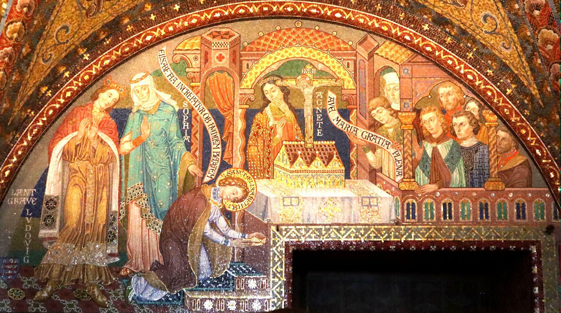 August Oetken: Elisabeth legt ihre Krone nieder, Mosaik, um 1904, in der Elisabeth-Kemenate auf der Wartburg