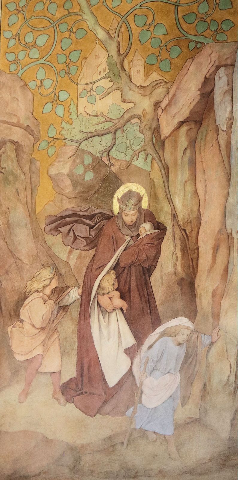 Moritz von Schwindt: Elisabeth muss mit ihren Kindern die Wartburg verlassen, Fresko, 1854/1855, in der Elisabeth-Galerie auf der Wartburg
